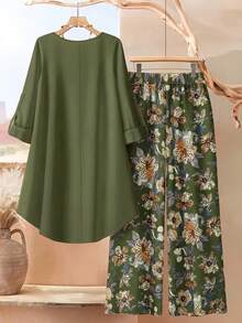 Bộ đồ nữ cỡ lớn gồm áo lệch vai và quần ống rộng (2 món) - xanh quân đội - Xem 2