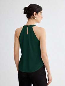 Camiseta de tirantes elegante con cuello de ojo de cerradura de unicolor, versátil para ir al trabajo, uso diario, retro romántico de los 90, adecuada para Navidad, Año Nuevo, San Valentín, fiesta, playa, graduación, moda, carnaval, vacaciones, in - Verde Oscuro - Ver 2