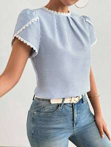 Camisa de mujer elegante y casual con mangas abombadas y volantes de unicolor - Azul - Ver 5