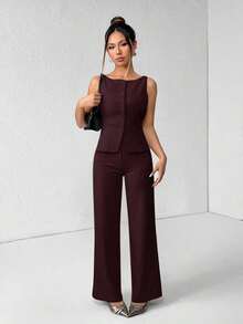 PETITE Conjunto de chaleco y pantalones de un solo pecho de unicolor con cuello redondo, elegante traje de oficina para mujer, ropa de mujer de verano y otoño, conjunto de oficina, ropa casual de negocios, conjunto de dos piezas, ropa de oficina de otoño para mujer, conjunto de blazers para mujer - Granada - Ver 3