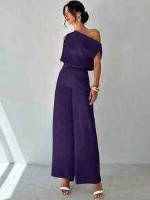 Conjunto de blusa suelta asimétrica sin hombros con baño de oro sin mangas y pantalones de pierna ancha con cintura elástica, adecuado para citas, fiestas, viajes diarios, festivales de música, ceremonias de graduación, atuendos de maestros y ocasiones formales - Morado - Ver 4