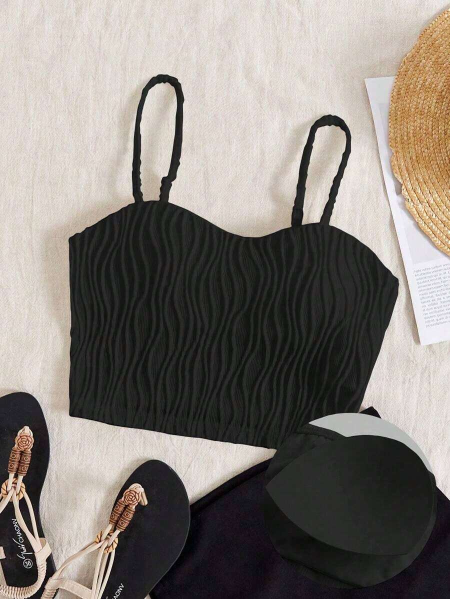 VCAY Top de Cami acolchado y texturizado marrón para mujeres con estilo de vacaciones - Negro - Ver 1
