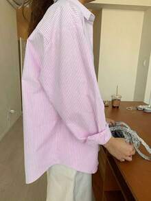 Camisa de manga larga con bolsillo y hombros caídos a rayas verticales, ropa de otoño - Rosa Pálido - Ver 2