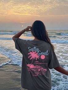 SALTY SOUL Women's Summer T-Shirt 2026, New Spring/Summer Collection, Coconut And Sun Print, Round Neck, Short Sleeve, Casual, Versatile, Essential Garment For Everyday Wear And Vacations. Women's Vacation Print T-Shirt, Loose And Comfortable, Summer Tops - 深灰色 - 查看 7