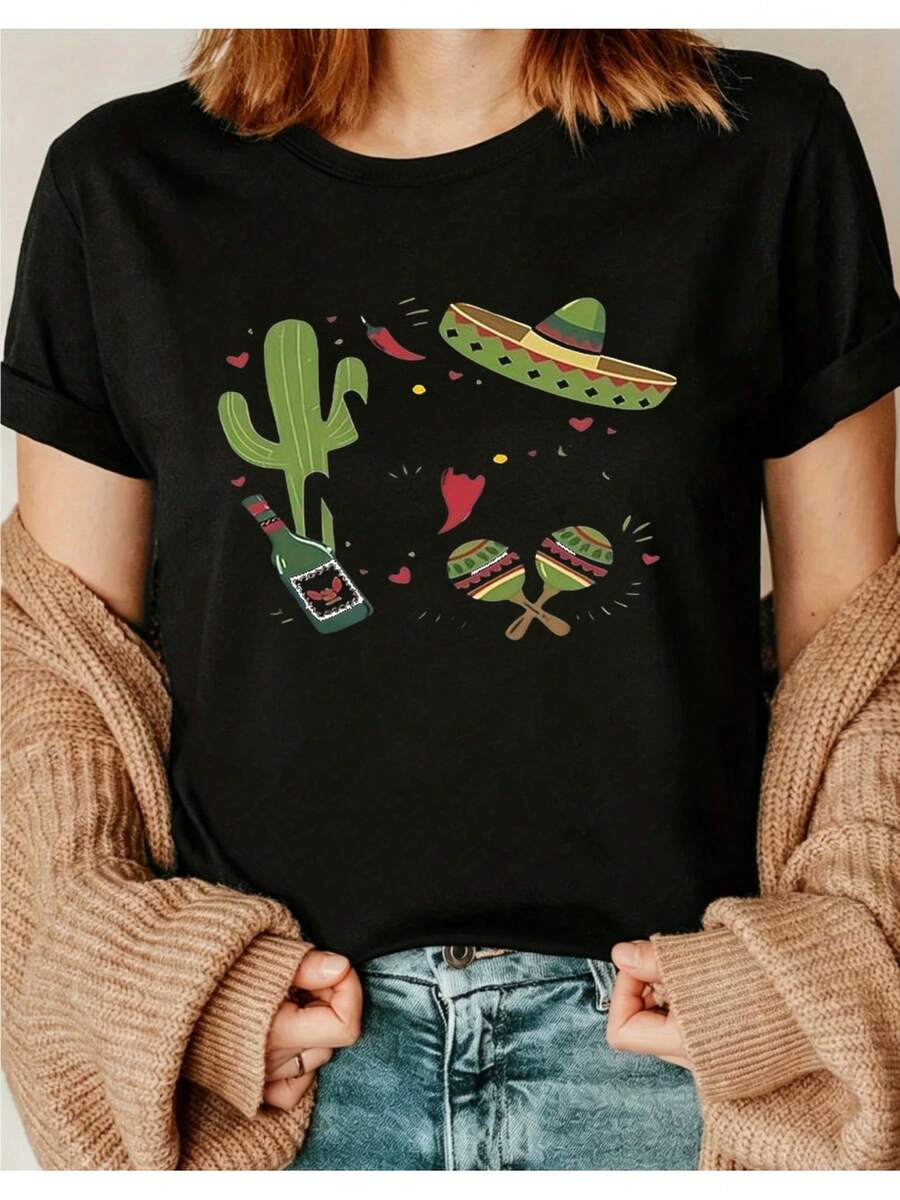 Women's Short-Sleeve Cropped T-Shirt With Mexican Graphic Print "Viva México" Featuring A Saguaro Cactus, Sombrero, And Maracas; Casual Summer T-Shirt With Sunglasses; Perfect Everyday Style I01; Crew Neck Short-Sleeve T-Shirt Suitable For All Seasons. - 黑色 - 查看 1