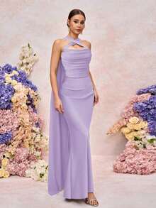 Vestido de dama de honor elegante, romántico, verde, tejido mate, decoración de cinta, hombros descubiertos, sin tirantes, entallado, cola de pez - Morado Violeta - Ver 5