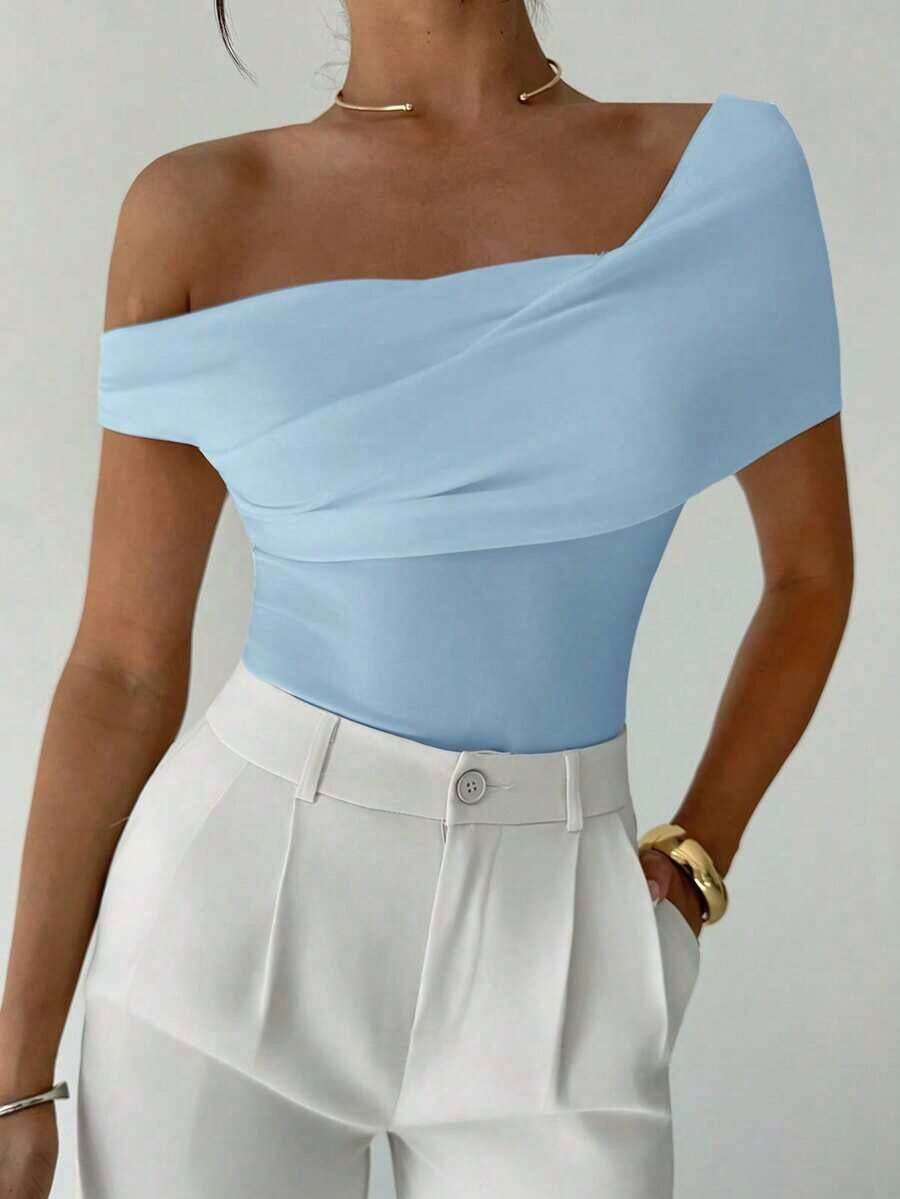 Blusa corta asimétrica con un hombro, elegante, minimalista, con estilo, sexy y chic para uso diario, festivales de música y vacaciones, color blanco, para primavera/verano - Azul - Ver 1