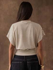 Camiseta casual de mujer de unicolor con cuello alto, mangas cortas tipo murciélago y pliegues - Multicolor 3 - Ver 2