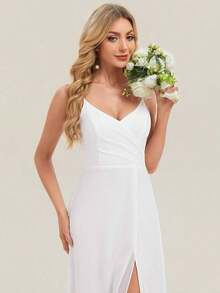 Elegante vestido de noche de unicolor y sexy, vestido de dama de honor con abertura alta y tirantes finos en azul marino, vestido formal para invitados de boda en primavera - Blanco - Ver 5