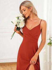 Elegante vestido de noche de unicolor y sexy, vestido de dama de honor con abertura alta y tirantes finos en azul marino, vestido formal para invitados de boda en primavera - Naranja Quemada - Ver 4