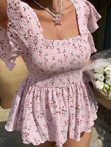 Blusa de manga corta con pliegues y estampado floral para mujer talla grande, para uso casual/vacaciones/oficina - Blanco - Ver 7