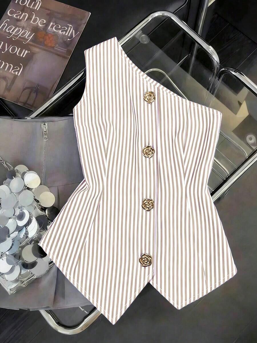 CURVE Una blusa de mujer de verano de gran tamaño, de estilo casual y con rayas tejidas - Albaricoque - Ver 1