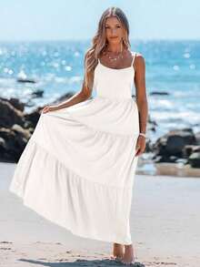 Vestido casual sin mangas con lazo para primavera y verano, atuendos de verano para mujer, vestidos de verano para mujer, atuendos de vacaciones, vestido de playa de verano para mujer, vestido de vacaciones estilo boho y fairycore, vestido sin esp - Blanco - Ver 3