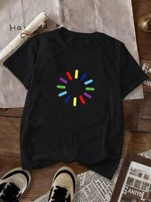 1pc Camisetas Para Mujer Camiseta única con diseño colorido inspirada en la estética y2k perfecta para destacarte en cualquier ocasión cómoda y moderna ideal para los amantes de la moda contemporánea disponible en talla única para lucir tu estilo personal Camiseta De Manga Corta De Algodón - Negro - Ver 6