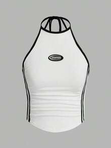 Top de tirantes casual con cuello de halter y pliegues con estampado de letras para mujer - Blanco - Ver 3