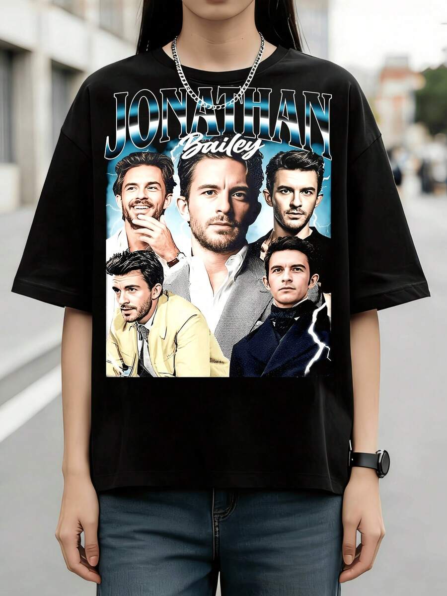 Jonathan Bailey Retro Suit Collage Graphic Cotton Summer T-Shirt - Black - View 1