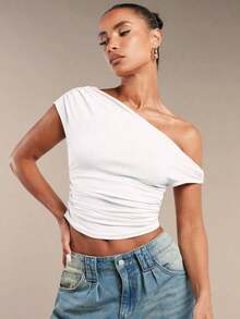 Blusa de verano con hombros asimétricos fruncidos en unicolor para mujer - Blanco - Ver 4