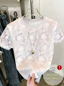 Camiseta regular de mujer, efecto de mezclilla con contraste de color y estampado de perrito de mezclilla - Multicolor 3 - Ver 1