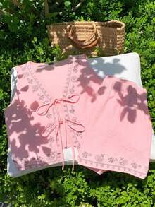 Conjunto de 2 piezas de estilo bohemio y veraniego con estampado floral blanco tejido - Rosa Pálido - Ver 4
