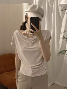 Camiseta de manga corta ajustada con cuello asimétrico y fruncido, de unicolor, para salir, para mujer de verano - Blanco 2 - Ver 4