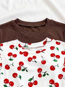 2 piezas Conjunto con Camiseta de Punto Blanco Acanalado con Volantes WYWH y Camiseta Sólida de Color Cereza, Estilo Bohemio, Boho, Floral Romántico, Vacaciones, Estilo Floral para Fiesta, Cita, Día de San Valentín, Pascua, Carnaval, Té de la Tarde - Albaricoque - Ver 4