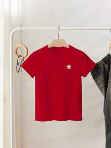 Camiseta de manga corta casual con cuello redondo, decorada con perlas falsas y rhinestones - Rojo - Ver 5