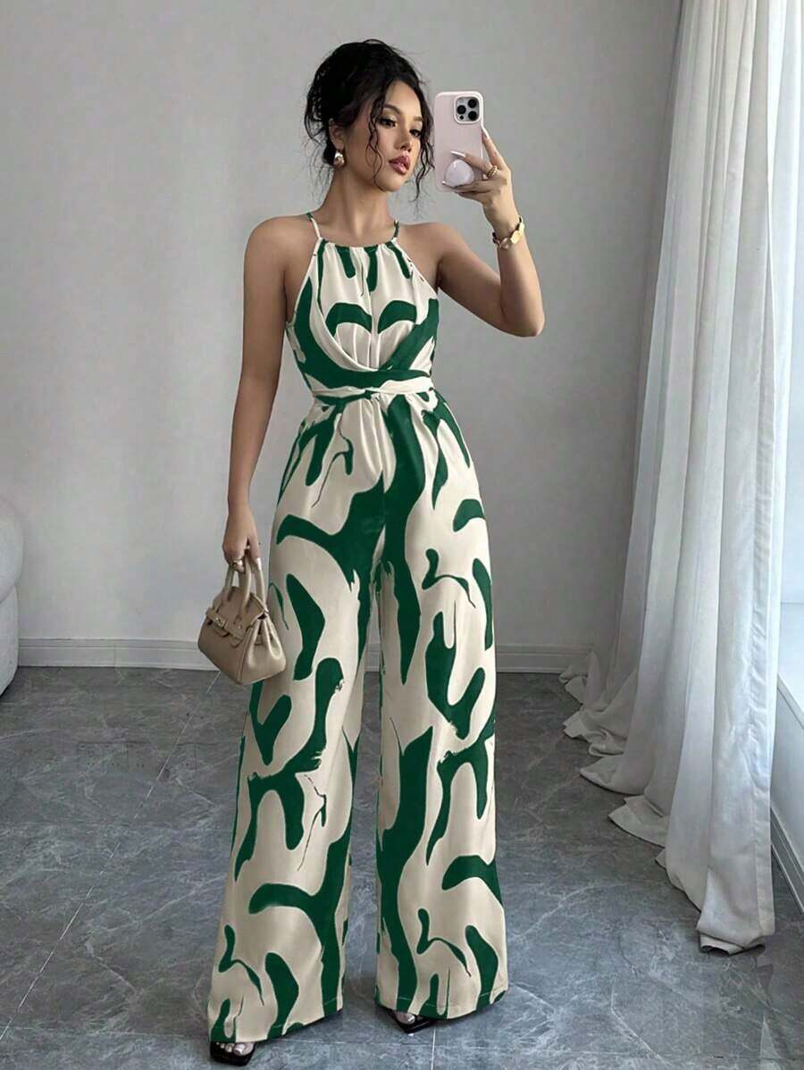 Mono de tela estampada con envolvente frontal para mujer, diseño que define la cintura para usar en ocasiones elegantes, ya sea de fiesta o diario - Verde - Ver 1