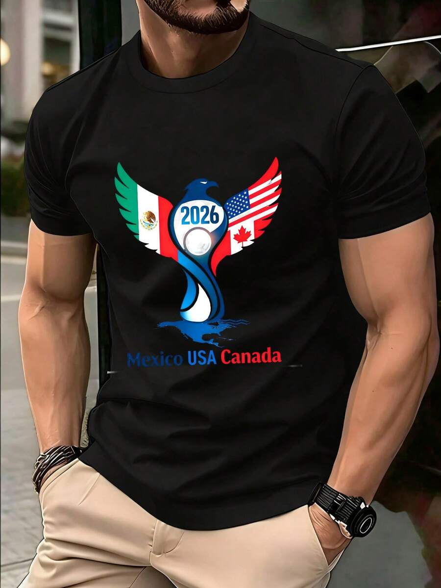 Camiseta de Algodón Suave Unisex para Hombre y Mujer, Diseño México 2026, para Fanáticos del Deporte, Viajeros, Amantes del Fútbol, Ligera, Transpirable, de Manga Corta, para Verano - Negro - Ver 1