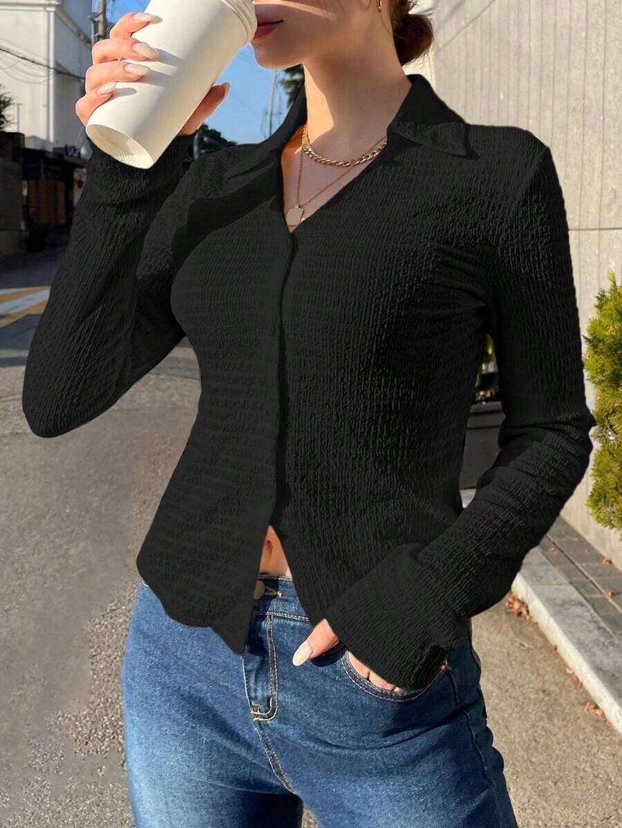 Camisa con botones delanteros sólidos, blusas de manga larga, ropa de otoño, blusas con estilo preppy - Negro - Ver 1