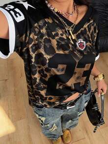 Camiseta de béisbol con estampado de número para mujer de talla grande, estilo vintage y deportivo para primavera/verano, top con estampado de leopardo, ropa de otoño, top con estampado de guepardo, top con estampado de leopardo - Multicolor - Ver 6