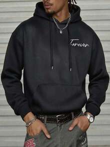 Men's Casual Fashion StreetStyle Hoodie, Graphic Print, Kangaroo Pocket, Drawstring Design, Fall Style - Black - View 5