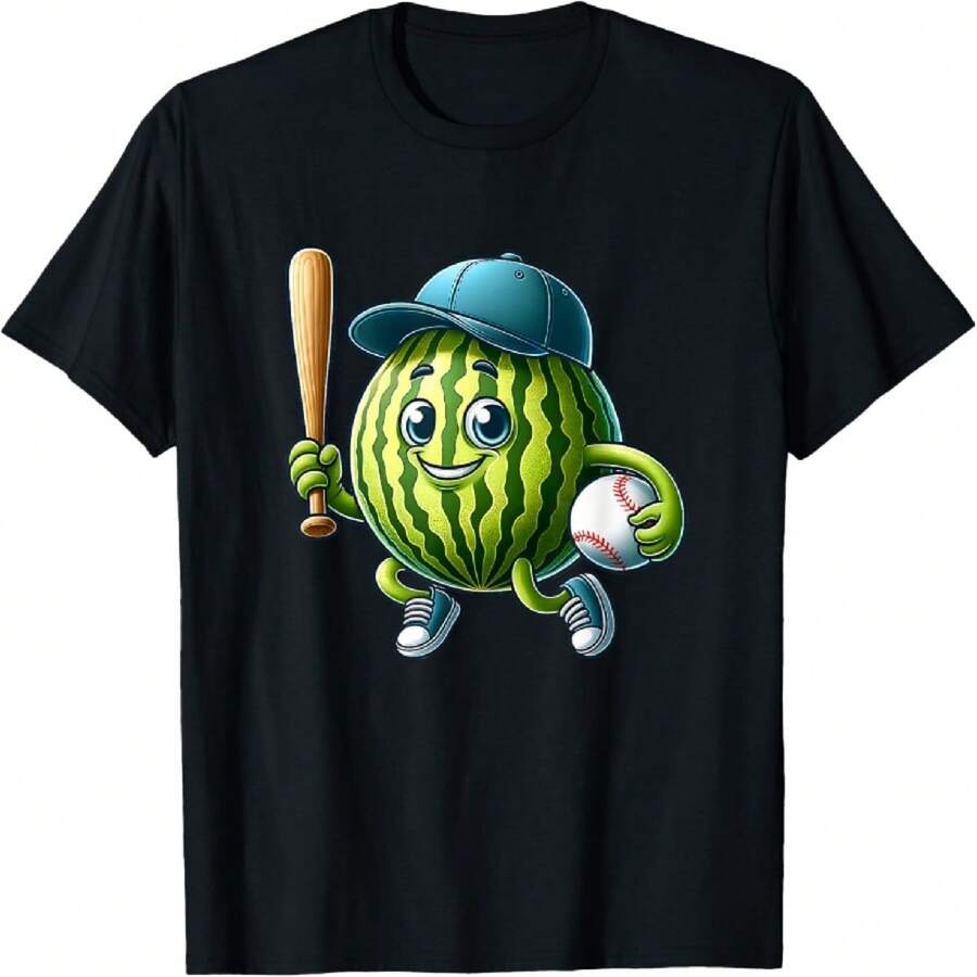 Watermelon Baseball Cartoon Character T-Shirt - Negro - Ver 1