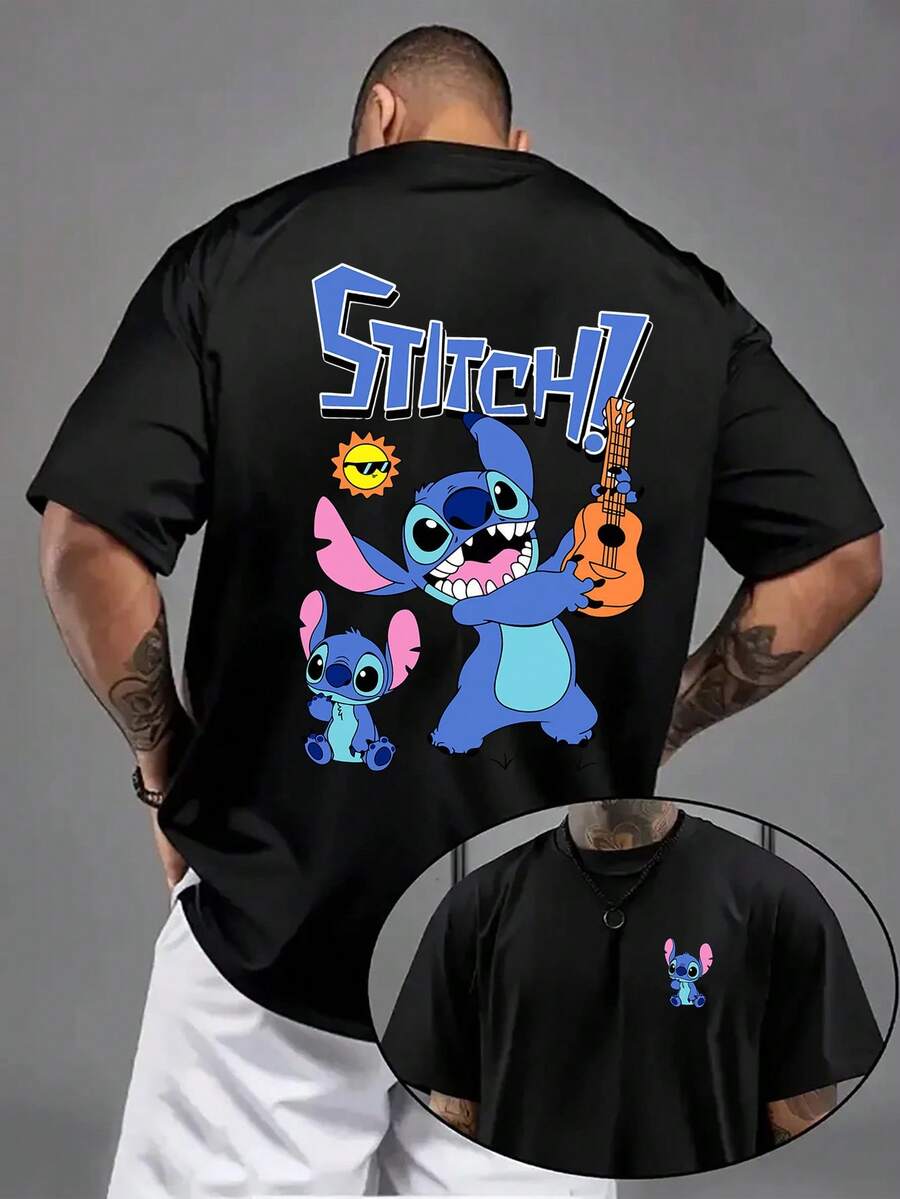 Men'S Short-Sleeve Shirt Featuring A Disney Collaboration With Stitch From 'Lilo & Stitch'. This High-Quality, Soft, And Comfortable Casual Sports T-Shirt Has A Unique Design, Perfect For Couple Outings, Gatherings - màu đen - Xem 1