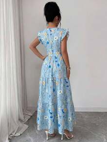 Women's Dress With A Square Neckline, Fitted Waist, And Flared Sleeves In A Multicolored Print. Elegant And Sophisticated, Suitable For Valentine's Day, Easter, Labor Day, Birthdays, Dates, Parties, Formal Occasions, Teacher Outfits, High-Vibe Looks, Travel And Vacations, Streetwear, Spring And Summer. - 彩色 - 查看 2