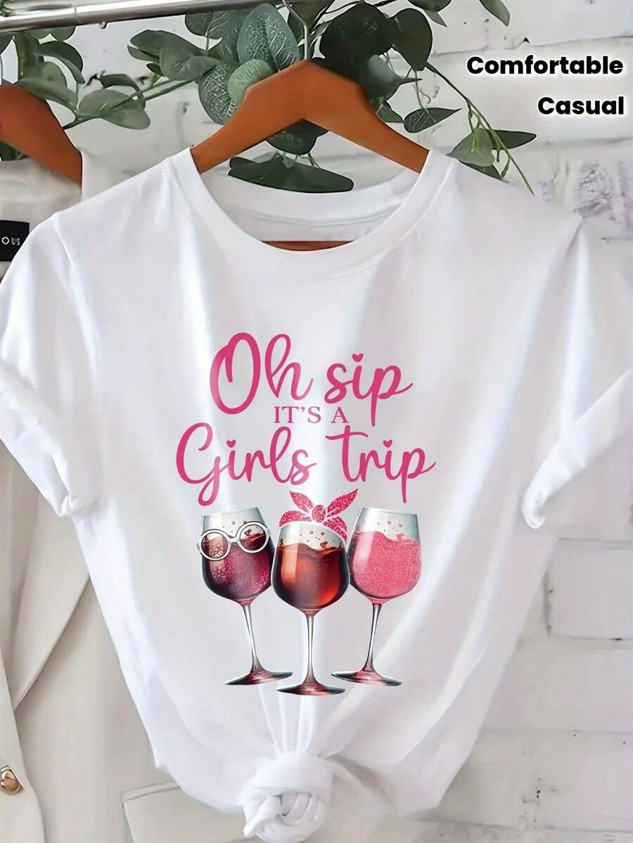 1 pieza de camiseta casual de manga corta y cuello redondo para mujer, con el divertido estampado "Oh Sip It's a Trip", adecuada para todas las estaciones, cómoda y versátil para uso diario, diseño divertido, tela suave, camiseta ligera, top de manga corta, camiseta estampada, moda femenina, 180g 100% algodón. - Blanco - Ver 1