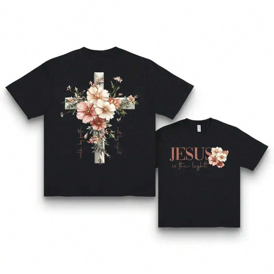 Women's Christian Floral Cross Graphic T-Shirt, 'Jesus Is The Light' T-Shirt, Faith-Inspired Aesthetic, Spring Flowers, Casual Wear, 100% Cotton, Printed T-Shirt, Women's T-Shirts, Exclusive Merchandise - 黑色 - 查看 1