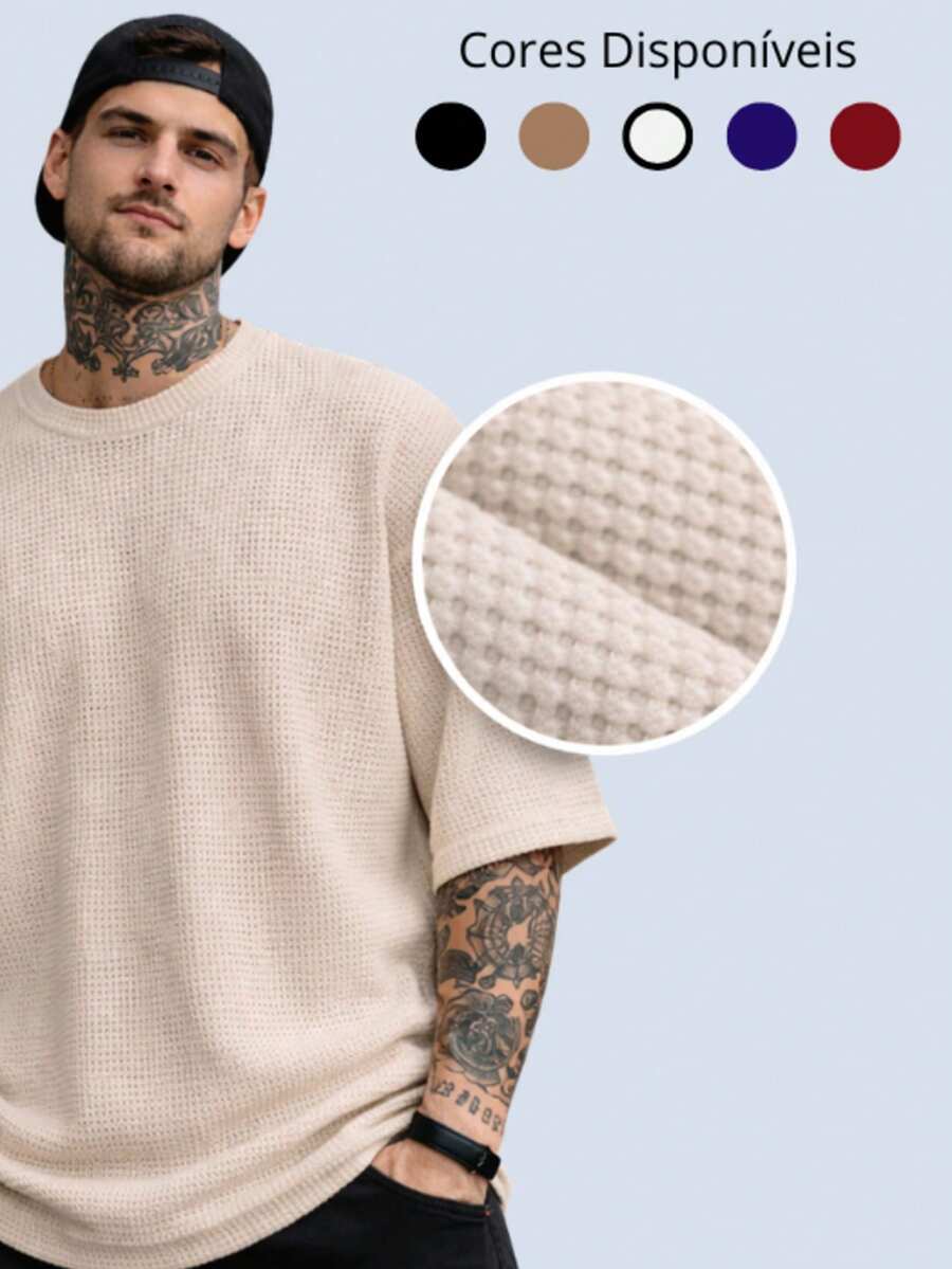 Premium Textured Oversized T-Shirt, Waffle Knit. - Champagne - View 1