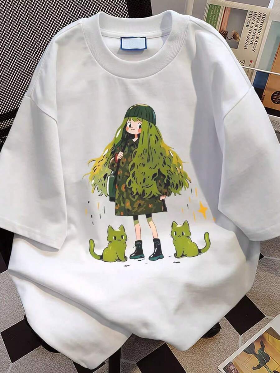 Camiseta de manga corta para mujer con diseño y estampado únicos, nuevo estilo de verano holgado para 2025, top favorecedor para - Blanco - Ver 1