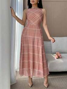 xheDAZY Vestido midi asimétrico elegante para mujer, sin mangas, vestido de invitada de boda de veranoxhe - Rosa - Ver 3