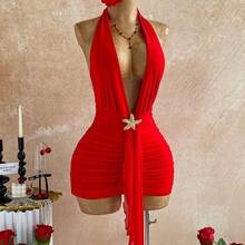 Party Dresses For Women Summer Outfits Red Dresses For Women Carnival Women Valentine Outfits For Women Ruffle Trim Backless Tie Neck Bodycon Mini Dress For Women - Azul - Ver 2