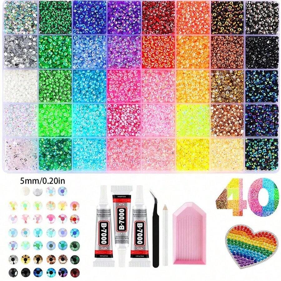 SGIAWETA-40 Colors Resin Rhinestones, Making Dazzling 3mm/4mm/5mm Flat Back Gems, With Tweezers, Suitable Clothing, Shoes, Dazzling Kits, Art Supplies, Shiny Decorations, Crafts, Cups, Painting Decor And More-Birthdaygift