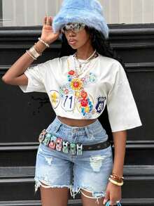 Women's Graphic Tee, Vintage Y2K Style, Casual Hip-Hop Style, Going Out, Oversized, Lip Print, For Everyday Urban Autumn Wear. - 白色 - 查看 2