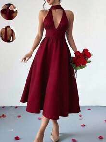 YHHVestido elegante para mujer, vestido halter con escote profundo en V y espalda descubierta con cinta de amarre, uso versátil, color vino tinto, atuendo de verano para fiestaYHH - Burdeos - Ver 2