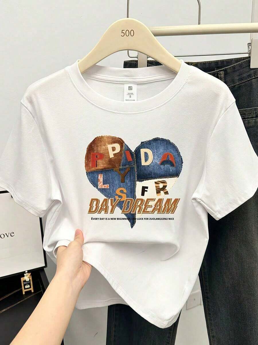Women's Korean Style Round Neck Short Sleeve T-Shirt, 100% Cotton - Slim Fit, Casual Summer Top, Suitable For Spring/Summer, Casual Wear And Layering, Korean Fashion Essential (Not Versatile). - 白色 - 查看 1