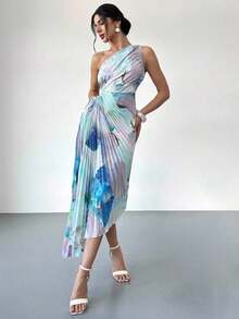 Vestido de mujer nuevo con estampado de teñido anudado asimétrico, cintura hueca, volantes en el bajo y un solo hombro, vestido elegante y romántico para citas y vacaciones, vestido de verano para mujer, tono de color suave, adecuado para atuendo de playa - Multicolor - Ver 6