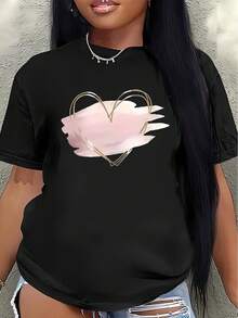This Lightweight And Durable Short-Sleeved T-Shirt With A Pink Heart Design Is Perfect For Lounging At Home, Going To Cafes, Or Wearing To The Office. Made From A Soft And Comfortable Fabric, It's Suitable For Everyday Wear. - 黑色 - 查看 1