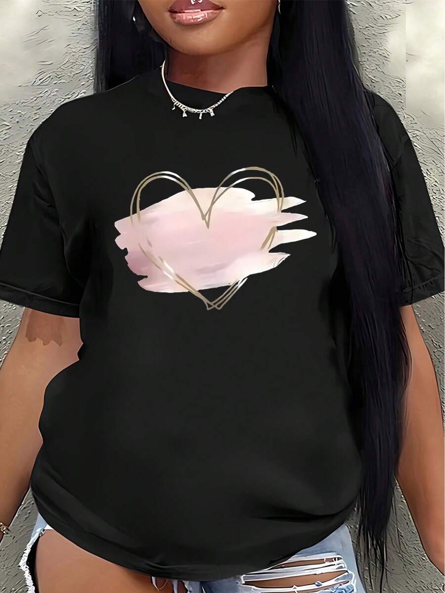 This Lightweight And Durable Short-Sleeved T-Shirt With A Pink Heart Design Is Perfect For Lounging At Home, Going To Cafes, Or Wearing To The Office. Made From A Soft And Comfortable Fabric, It's Suitable For Everyday Wear. - 黑色 - 查看 1