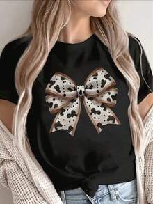 1 camiseta de poliéster de manga corta, con estampado de vaca y diseño de lazo, ligera y duradera, adecuada para el hogar, cafeterías o uso casual al aire libre, cómoda y ajustada para el uso diario, 180g, 100% algodón. - Blanco - Ver 6