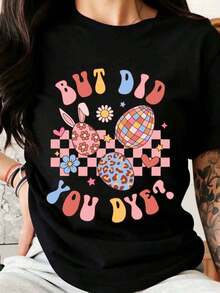 Camiseta Gráfica Divertida con Estampado de Conejito y Flores de Pascua para Mujer, Regalo de Primavera, Ropa Casual - Negro - Ver 7