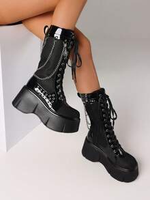 Women's Y2K Goth Cosplay Combat Boots Fashion Stylish Punk Rivet Buckle Platform Wedges High Heels Lace-Up Zip Mid Calf Boots - Đen A - Xem 7